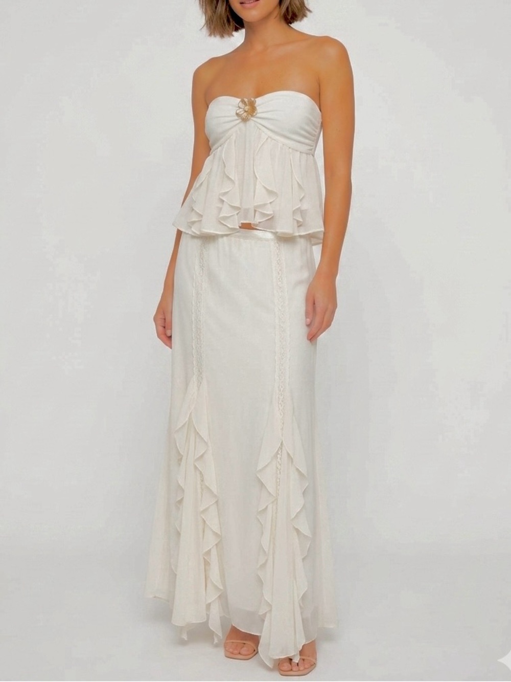 THIRTY THIRTY LA New Ivory Cream 2pc Skirt Strapless Top Flowy Ruffles Large